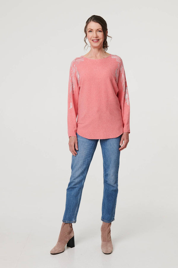 Pink | Stud Embellished Long Sleeve Jumper