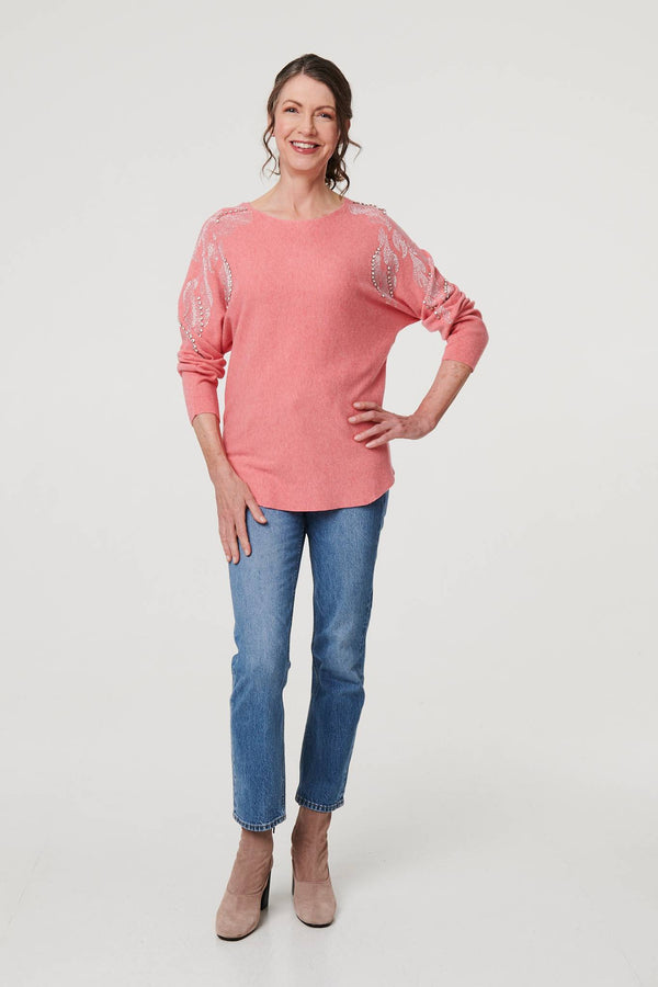 Pink | Stud Embellished Long Sleeve Jumper