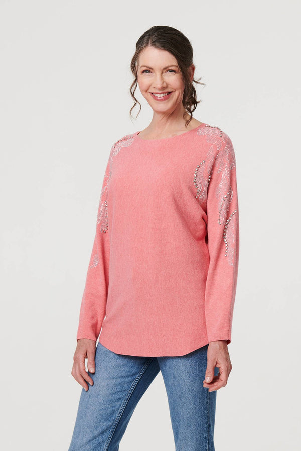 Pink | Stud Embellished Long Sleeve Jumper