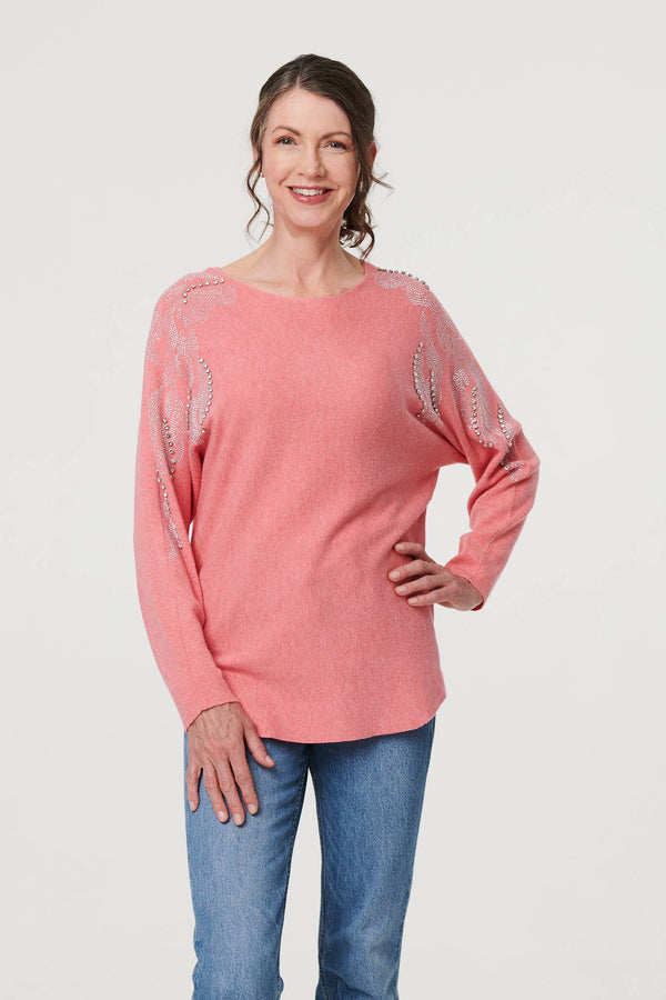 Pink | Stud Embellished Long Sleeve Jumper