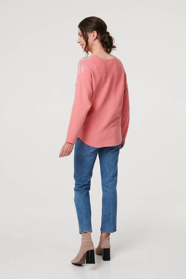 Pink | Stud Embellished Long Sleeve Jumper
