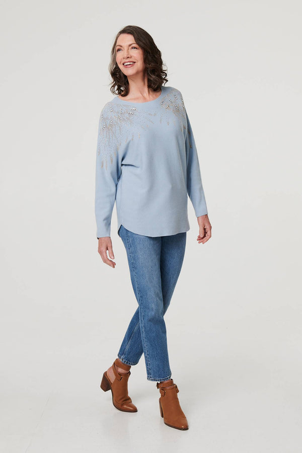 Blue | Sparkly Embellished Relaxed Jumper
