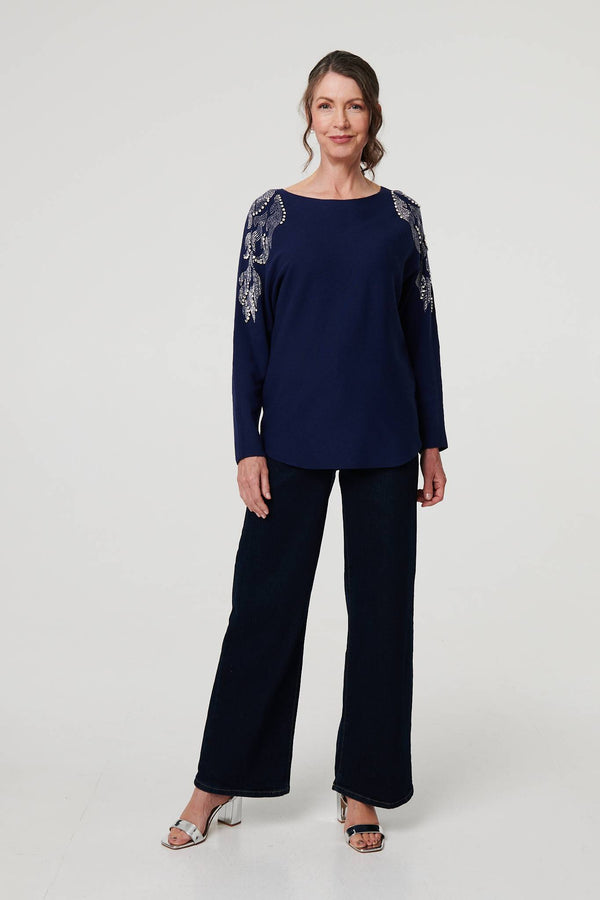 Navy | Sparkly Embellished Long Sleeve Knit Top