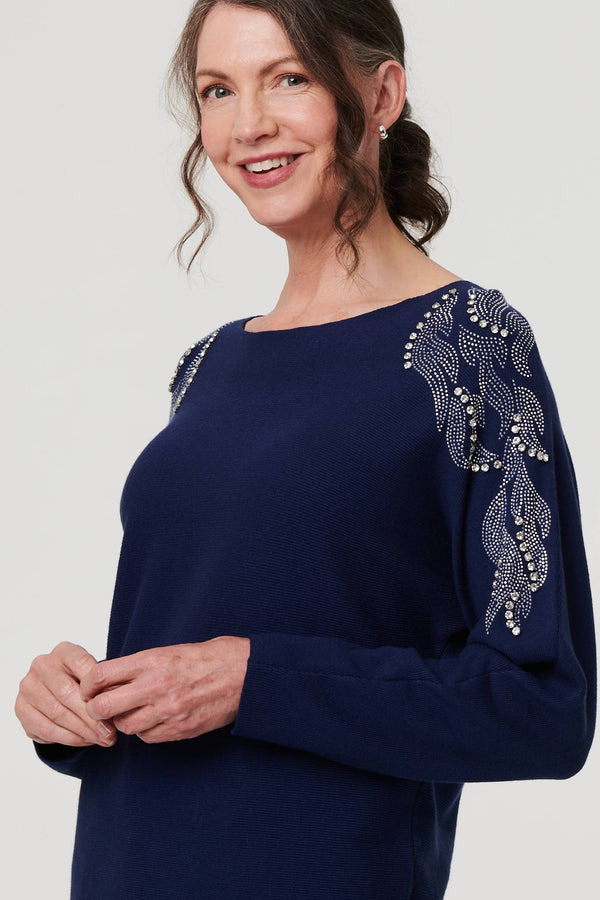 Navy | Sparkly Embellished Long Sleeve Knit Top