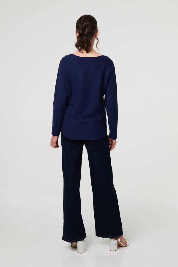 Navy | Sparkly Embellished Long Sleeve Knit Top