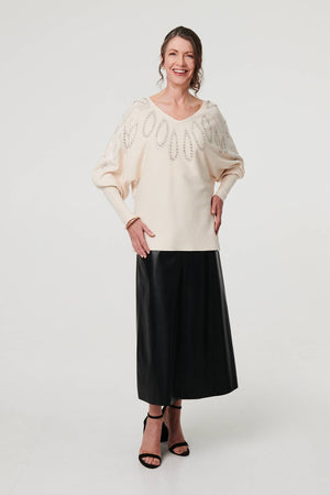 Cream | Embellished Batwing Sleeve Jumper
