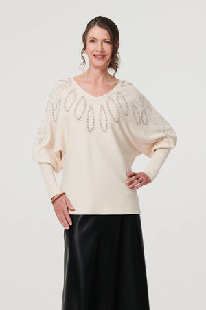 Cream | Embellished Batwing Sleeve Jumper
