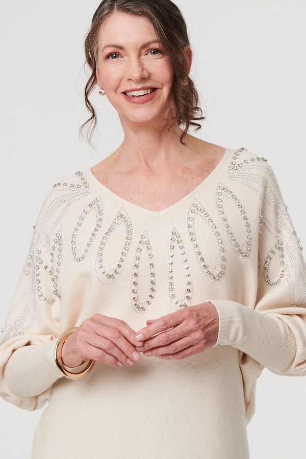 Cream | Embellished Batwing Sleeve Jumper
