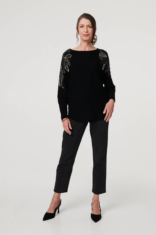 Black | Sparkle Detail Batwing Sleeve Jumper
