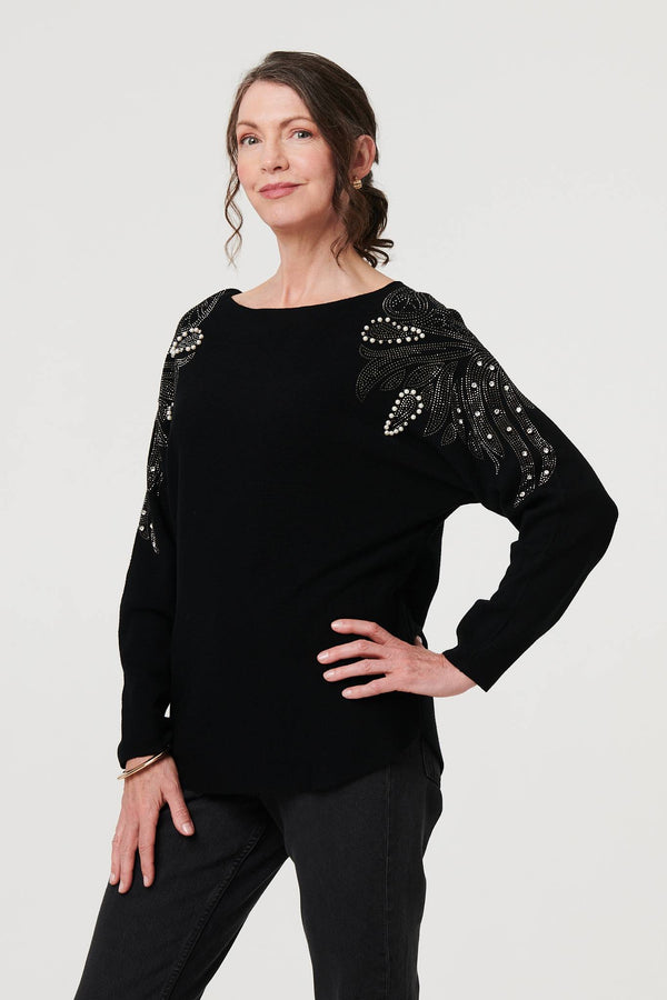 Black | Sparkle Detail Batwing Sleeve Jumper
