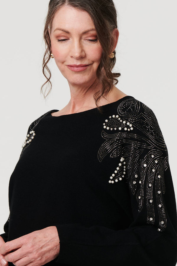 Black | Sparkle Detail Batwing Sleeve Jumper
