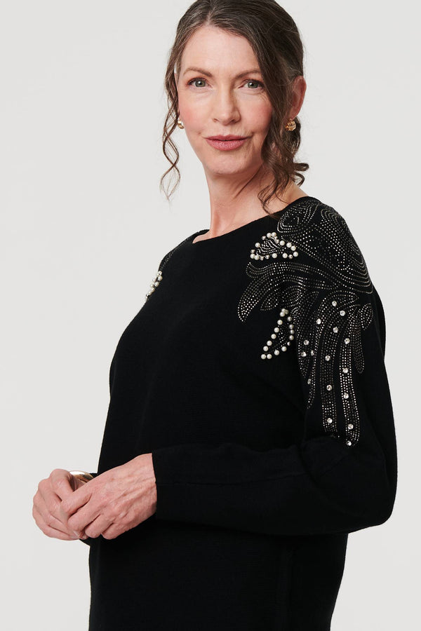 Black | Sparkle Detail Batwing Sleeve Jumper
