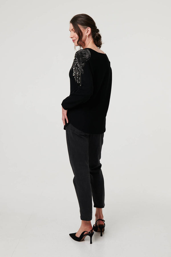 Black | Sparkle Detail Batwing Sleeve Jumper
