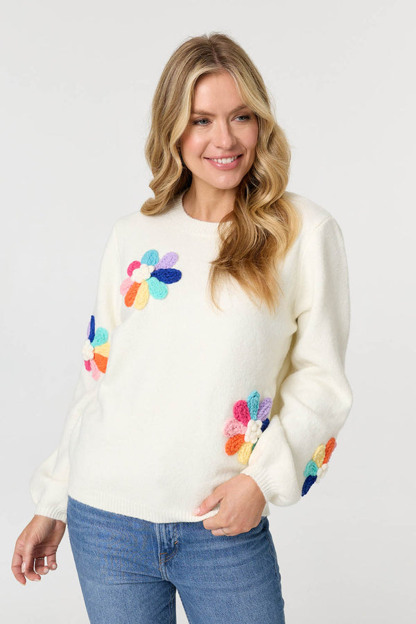 Cream | Floral Embroidered Detail Jumper