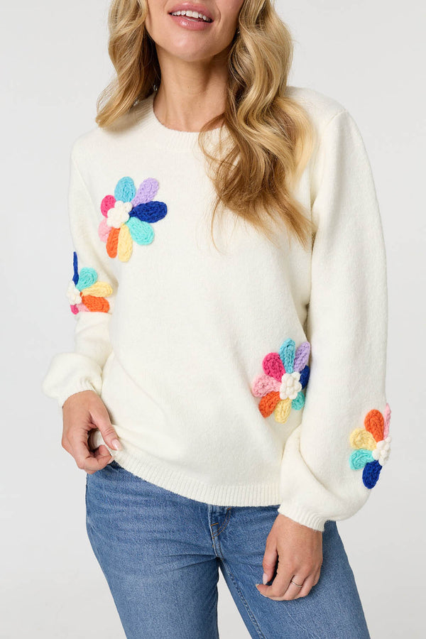 Cream | Floral Embroidered Detail Jumper