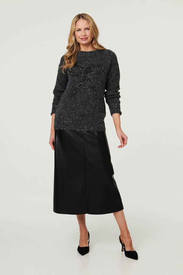 Grey | Sparkle Texture Bow Print Jumper