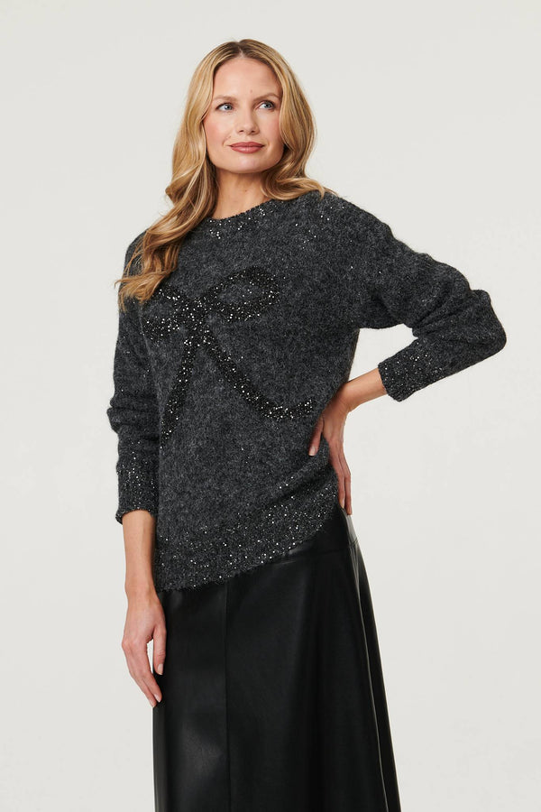 Grey | Sparkle Texture Bow Print Jumper
