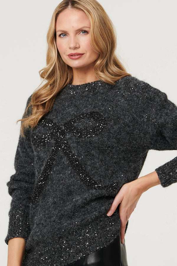 Grey | Sparkle Texture Bow Print Jumper