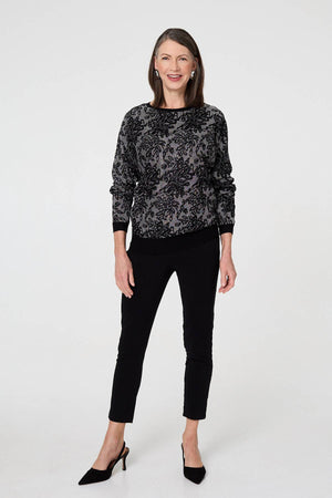 Black | Sparkly Floral Contrast Trim Jumper
