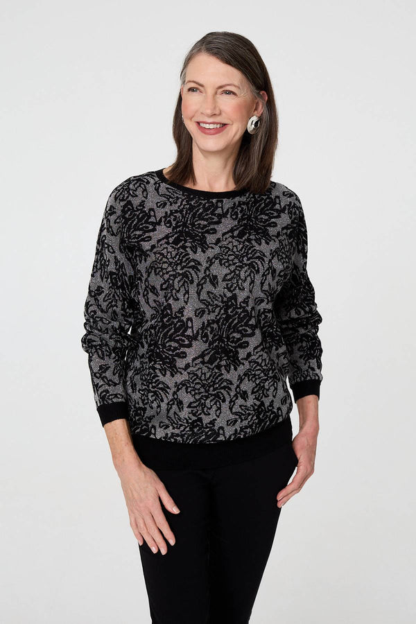 Black | Sparkly Floral Contrast Trim Jumper

