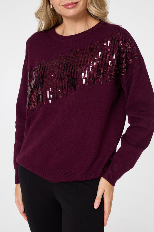 Red | Sequinned Detail Relaxed Jumper
