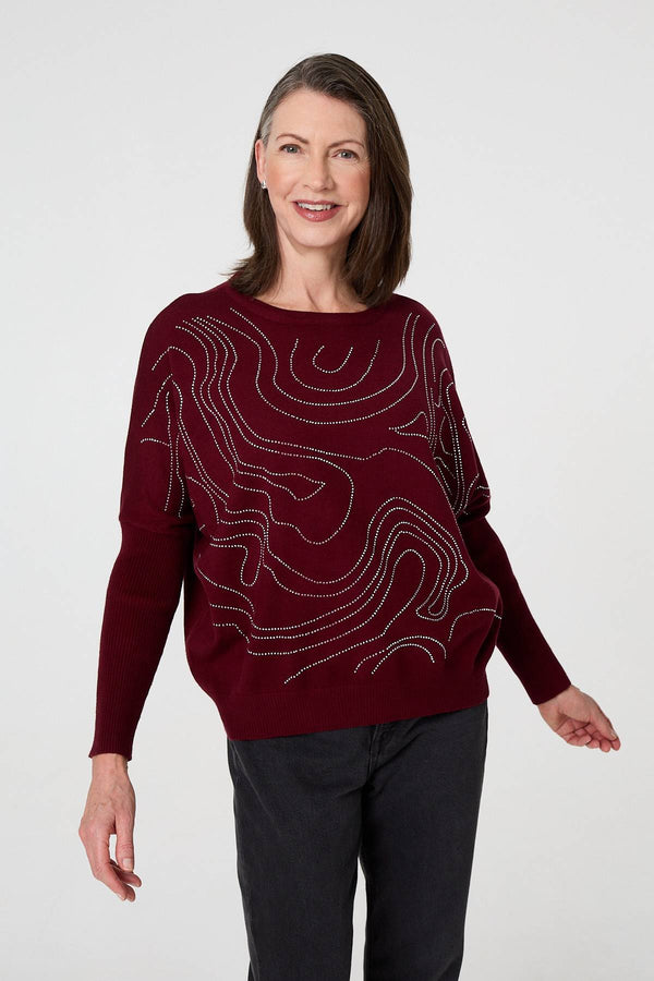 Red | Diamante Detail Batwing Sleeve Jumper
