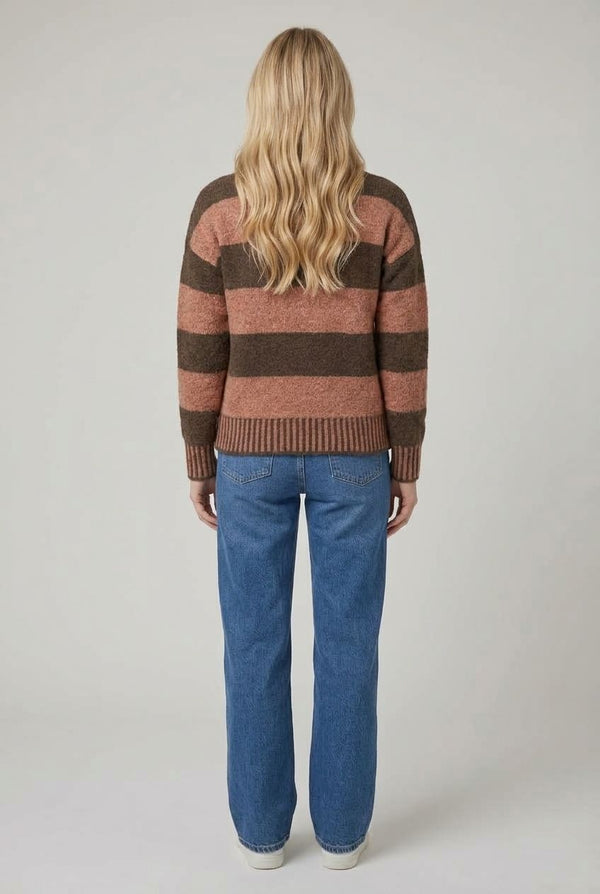 Brown | Striped High Neck Relaxed Jumper