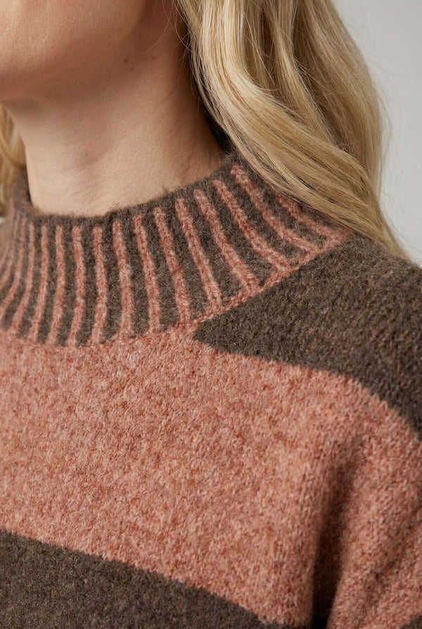 Brown | Striped High Neck Relaxed Jumper