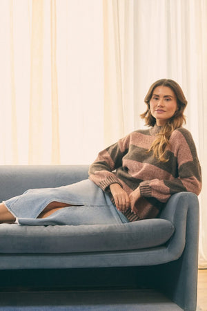 Brown | Striped High Neck Relaxed Jumper : Model is 5'9