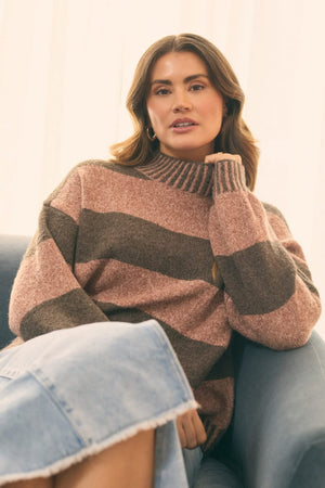 Brown | Striped High Neck Relaxed Jumper : Model is 5'9