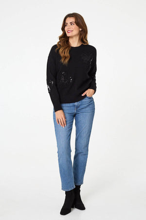 Black | Sequin Butterfly Detail Relaxed Jumper
