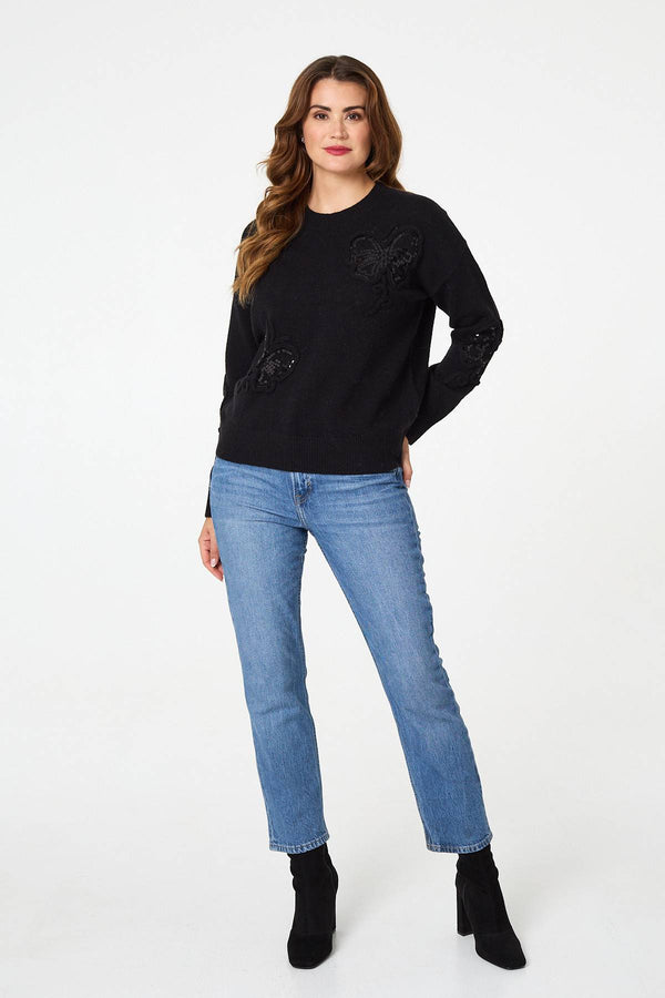Black | Sequin Butterfly Detail Relaxed Jumper
