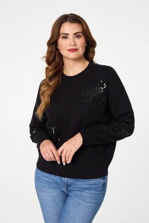 Black | Sequin Butterfly Detail Relaxed Jumper
