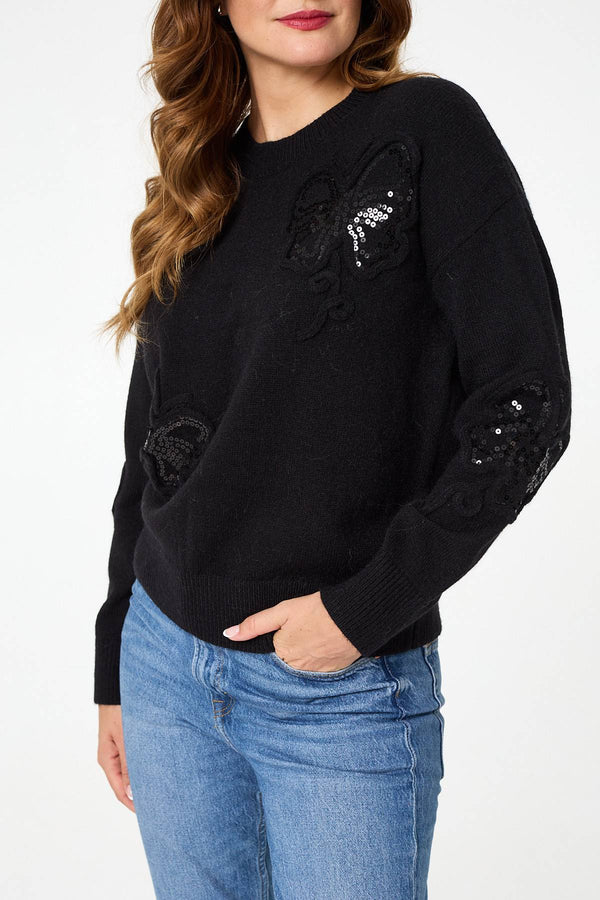 Black | Sequin Butterfly Detail Relaxed Jumper
