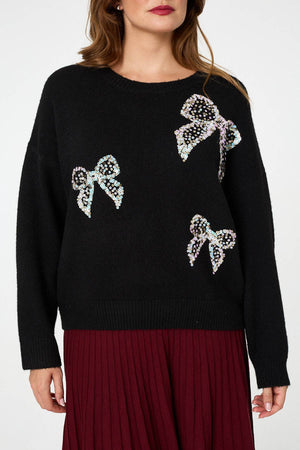 Black | Sequin Bow Detail Drop Shoulder Jumper
