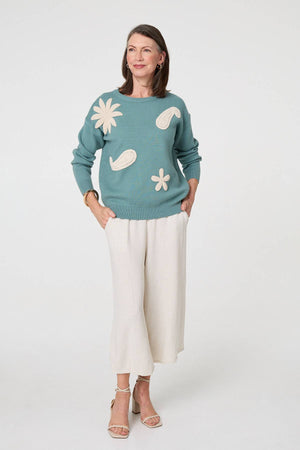 Green | Embroidered Front Long Sleeve Jumper
