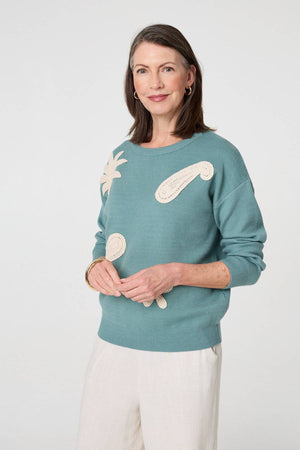 Green | Embroidered Front Long Sleeve Jumper
