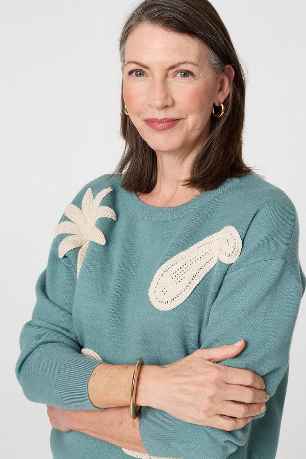 Green | Embroidered Front Long Sleeve Jumper
