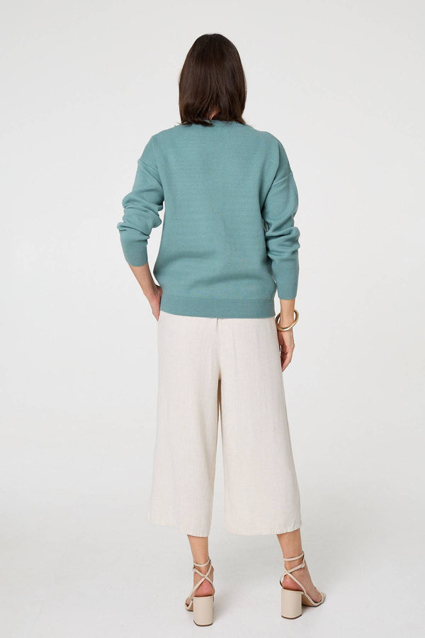 Green | Embroidered Front Long Sleeve Jumper
