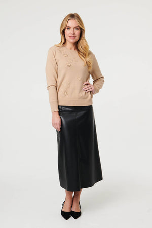 Beige | Floral Textured Detail Relaxed Jumper
