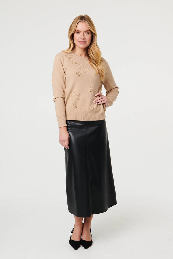 Beige | Floral Textured Detail Relaxed Jumper
