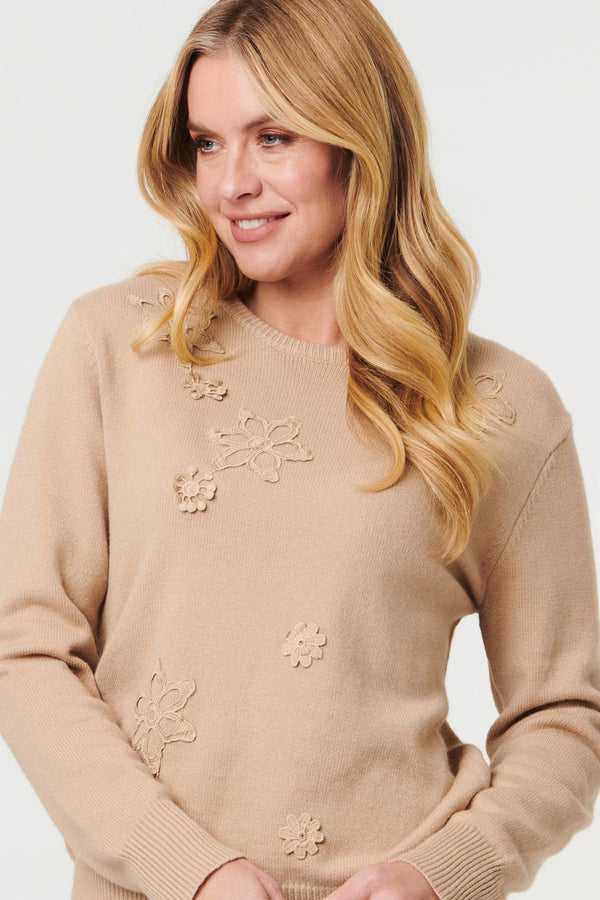 Beige | Floral Textured Detail Relaxed Jumper
