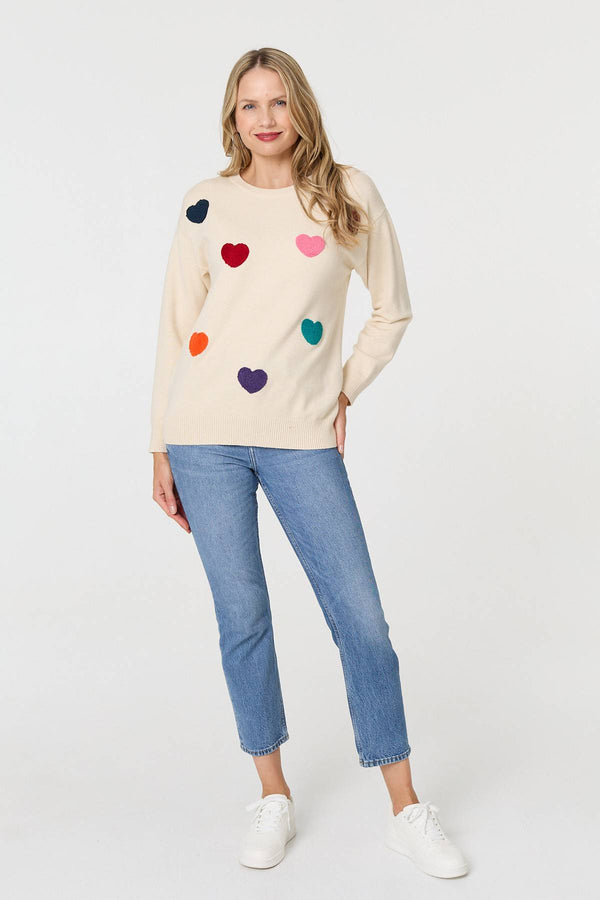 Beige | Heart Embellished Batwing Sleeve Jumper
