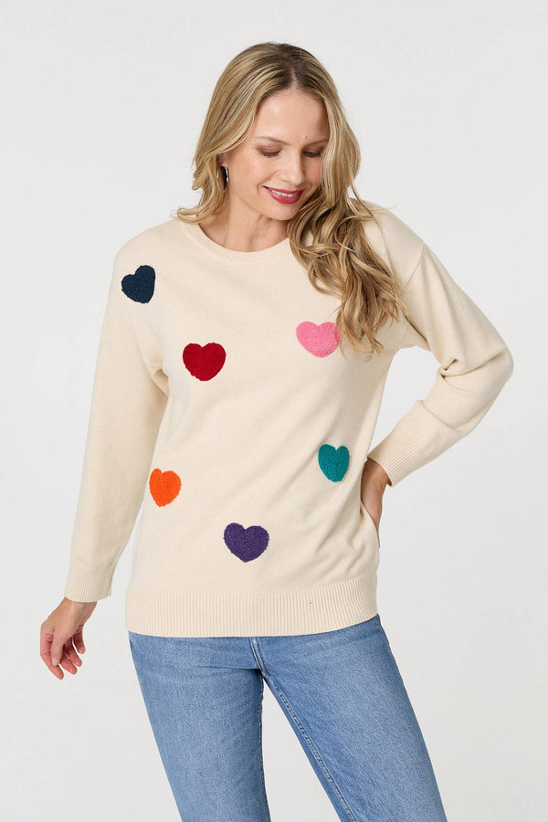 Beige | Heart Embellished Batwing Sleeve Jumper
