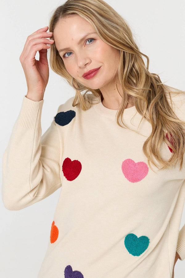 Beige | Heart Embellished Batwing Sleeve Jumper

