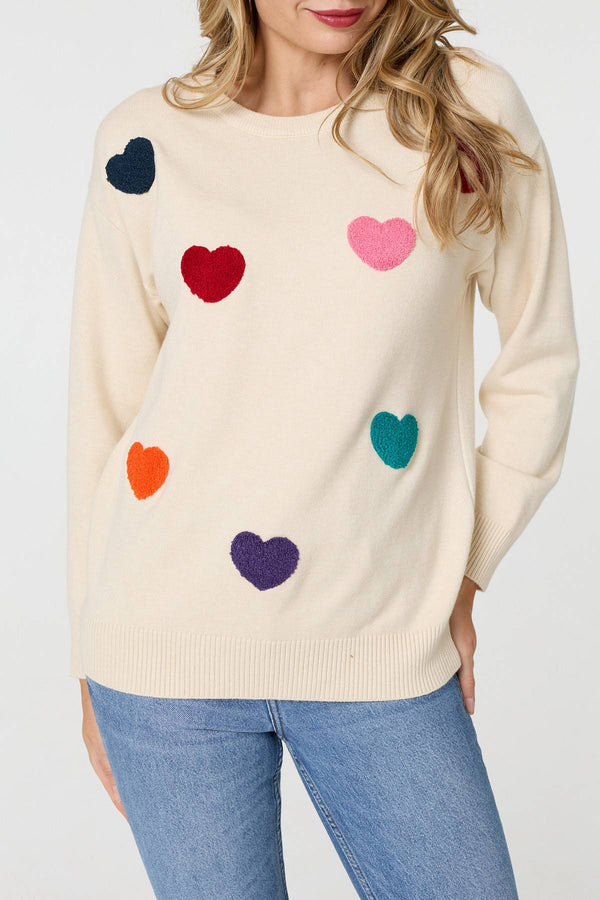 Beige | Heart Embellished Batwing Sleeve Jumper
