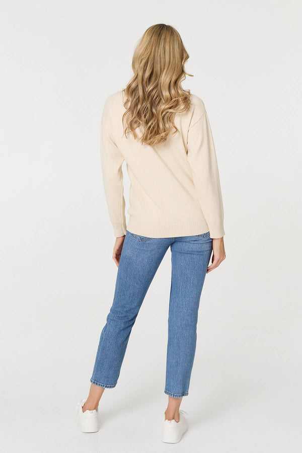 Beige | Heart Embellished Batwing Sleeve Jumper
