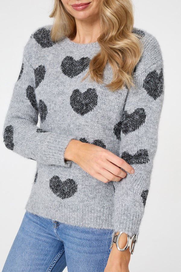 Grey | Heart Print Texture Drop Shoulder Jumper
