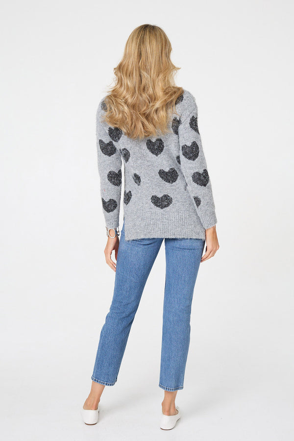 Grey | Heart Print Texture Drop Shoulder Jumper
