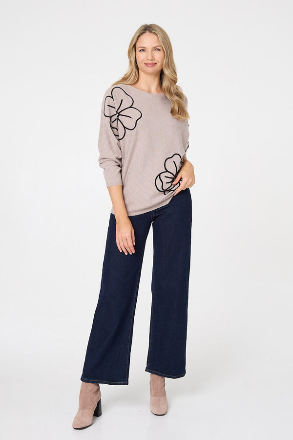 Beige | Floral Sparkle Batwing Sleeve Jumper
